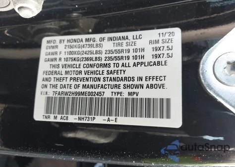 2021 Honda Cr-V Awd Touring из США, поврежденный, VIN 7FARW2H99ME002457
